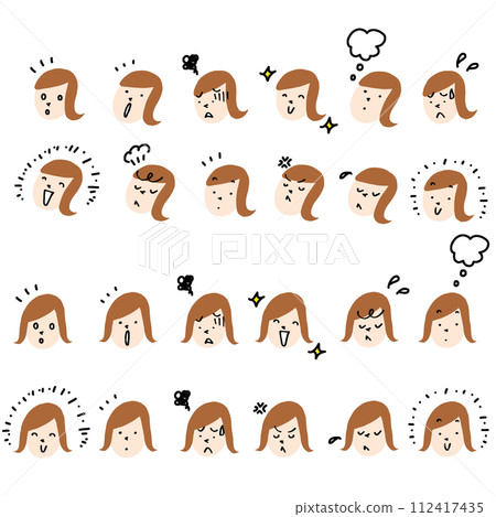 Set of female face illustrations with various expressions 112417435