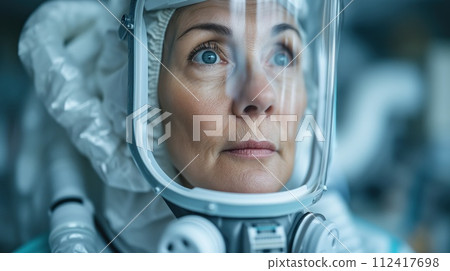 portrait of a woman in a chemical protection suit 112417698