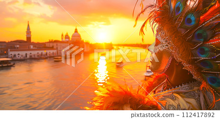 Sunset View with Venetian Mask and Cityscape 112417892