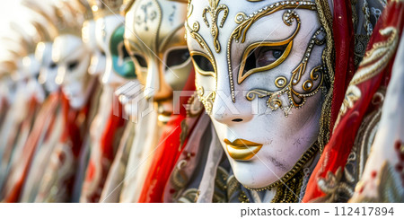 Venetian Mask Reflected in Water at Sunset 112417894