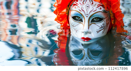 Venetian Mask Reflected in Water at Sunset 112417896
