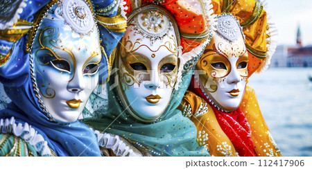 Venetian Mask Reflected in Water at Sunset 112417906
