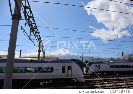 Fuji Kyuko Line Kawaguchiko Station with trains lined up with Mt. Fuji in the background Fuji Kyuko Line Kawaguchiko Station with trains lined up with Mt. Fuji in the background 112418776