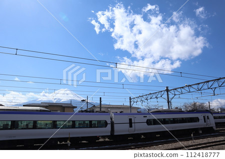 Fuji Kyuko Line Kawaguchiko Station with trains lined up with Mt. Fuji in the background Fuji Kyuko Line Kawaguchiko Station with trains lined up with Mt. Fuji in the background 112418777