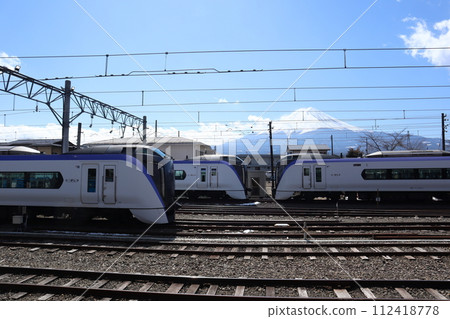 Fuji Kyuko Line Kawaguchiko Station with trains lined up with Mt. Fuji in the background 112418778