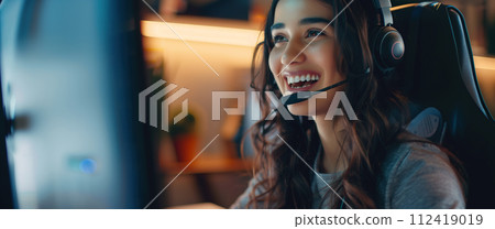 Young charming confident woman with headset. Operator woman agent with headset working in a call centre. Generative Ai. 112419019