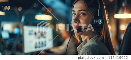 Young charming confident woman with headset. Operator woman agent with headset working in a call centre. Generative Ai. 112419022