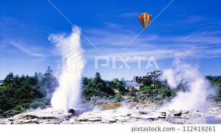 Balloon floating above Rotorua geyser 112419261