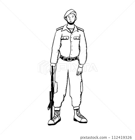 Vector soldier taking oath with assault riffle in black and white line illustration for patriotic military designs 112419326