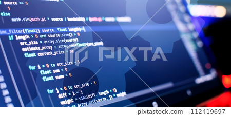 Work from home. Programmer coding code on notebook screen at home. Work from home. Programmer coding code on notebook screen at home. 112419697