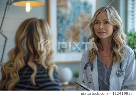 AI-generated content. Female doctor practitioner in medical gown listens intently to a concerns of middle-aged female client in a room in modern clinic 112419953