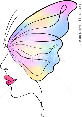Woman's profile with butterfly wing in a modern minimalist style. 112420335