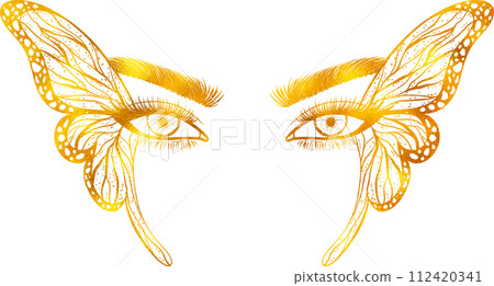 Female eyes with butterfly wings with golden foil effect. Female eyes with butterfly wings with golden foil effect. 112420341