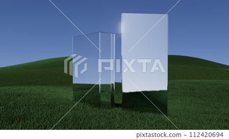 3d illustration Three rectangular pieces of glass are reflected in the grass 3d illustration Three rectangular pieces of glass are reflected in the grass 112420694