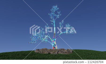 3d illustration A tree with a rainbow of colors is shown in a field 3d illustration A tree with a rainbow of colors is shown in a field 112420704