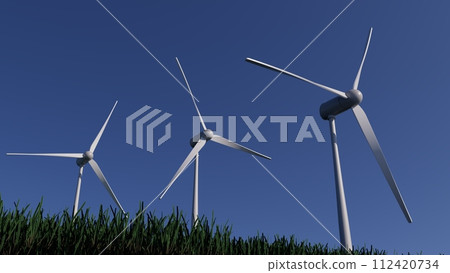 3d illustration Three wind turbines are standing in a field with a clear blue sky above them 3d illustration Three wind turbines are standing in a field with a clear blue sky above them 112420734