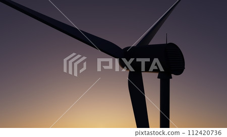 3d illustration A wind turbine is silhouetted against a beautiful sunset 112420736
