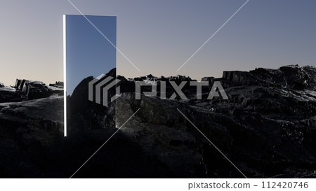 3d illustration Mirror on volcanic landscape at night in desert 3d illustration Mirror on volcanic landscape at night in desert 112420746