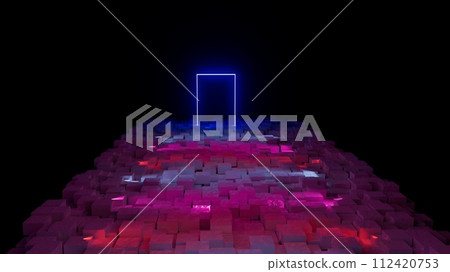 3d illustration blue quadrant neon portal on abstract background of cubes 112420753