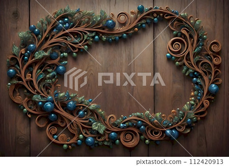 Circular Ornamental Design with Blue Embellishments Showcased Against a Wooden Backdrop, Generative AI 112420913