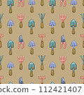 Seamless pattern with garden tools: shovels, rakes, pruning shears on a beige background. 112421407