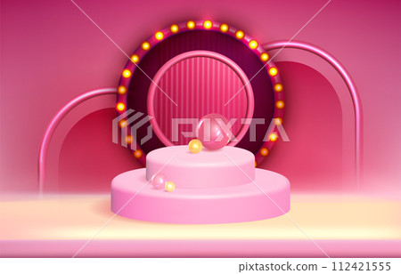 Realistic circle stage with round frame and glowing light bulbs 112421555