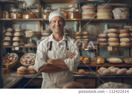 baker man with his products on the shelves 112422014