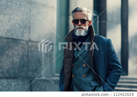 A man in a blue coat and sunglasses stands in front of a building 112422028