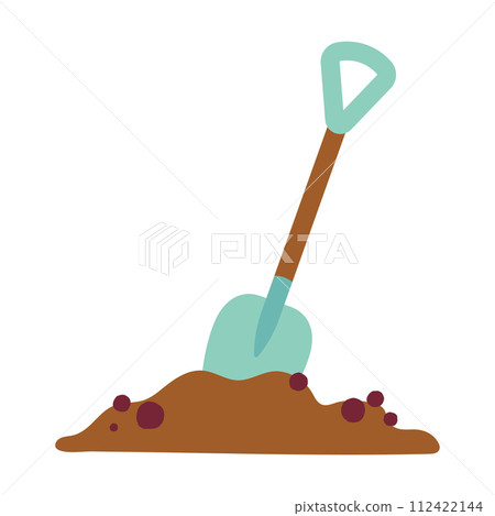 Shovel in pile of ground on white background. Work simple icon. Shovel in dirt sign. flat style. Colored illustration, gardening concept. Cartoon design for poster, icon, card or logo, label Shovel in pile of ground on white background. Work simple icon. Shovel in dirt sign. flat style. Colored illustration, gardening concept. Cartoon design for poster, icon, card or logo, label 112422144