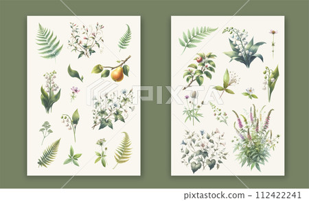 Wedding card template with elegant greenery botanical leaf, flowers and branch. Wedding card template with elegant greenery botanical leaf, flowers and branch. 112422241