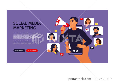 Man in smartphone shouting in loud speaker. Influencer or social marketing banner, flyer, web page. Social media account promotion, audience or followers growth. People hold mobile phones and chat. Man in smartphone shouting in loud speaker. Influencer or social marketing banner, flyer, web page. Social media account promotion, audience or followers growth. People hold mobile phones and chat. 112422402