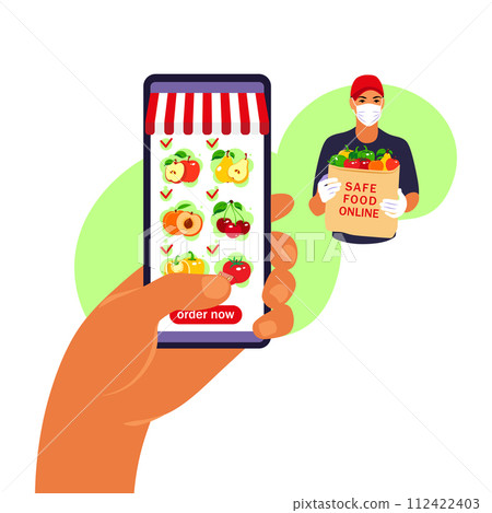 Online food order. Grocery delivery. Hand holding smartphone with product catalog on the web browser page. Stay at home concept. Quarantine or self-isolation. Flat style. Online food order. Grocery delivery. Hand holding smartphone with product catalog on the web browser page. Stay at home concept. Quarantine or self-isolation. Flat style. 112422403