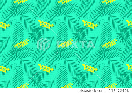Seamless pattern with summer vibes text and tropical palm leaves with shadows, editable stroke, vibrant green background 112422408