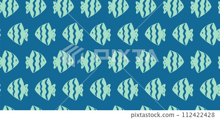 Fish seamless pattern. Doodle hand drawn editable sea illustration. Blue and green marine cartoon endless background  112422428