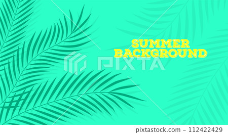Tropical palm leaves with shadows, green summer background, jungle and beach theme. Horizontal template, place for text Tropical palm leaves with shadows, green summer background, jungle and beach theme. Horizontal template, place for text 112422429