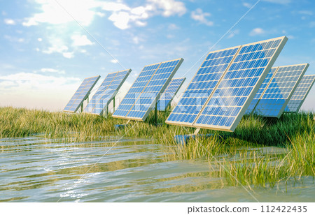 Solar panels on green grass field. Sustainable energy concept. 3d rendering. Solar panels on green grass field. Sustainable energy concept. 3d rendering. 112422435