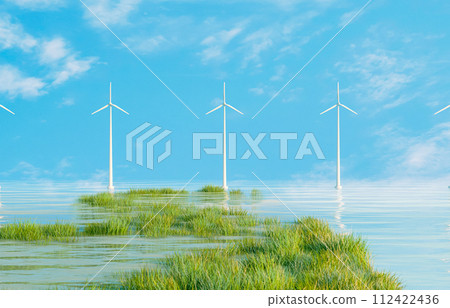 Wind turbines on green grass field. Sustainable energy concept. 3d rendering. Wind turbines on green grass field. Sustainable energy concept. 3d rendering. 112422436