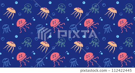 Jellyfish seamless pattern, editable doodle illustration, marine blue background with bright multicolored jelly fish 112422445