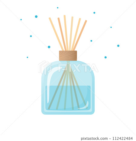 Home fragrance, blue glass bottle with aroma sticks, perfume for home, flat editable object on white background Home fragrance, blue glass bottle with aroma sticks, perfume for home, flat editable object on white background 112422484