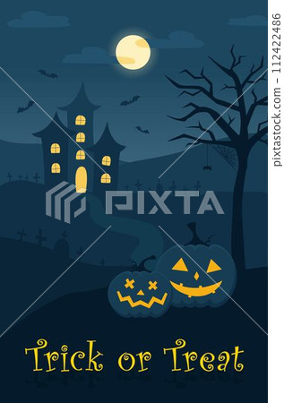 Happy Halloween background with carved face pumpkins, bats, spider, graves, and spooky old house. Copy space banner. Happy Halloween background with carved face pumpkins, bats, spider, graves, and spooky old house. Copy space banner. 112422486