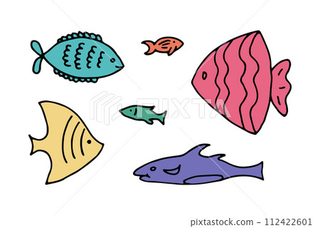Set of bright fish doodle line hand drawn vector illustration Set of bright fish doodle line hand drawn vector illustration 112422601
