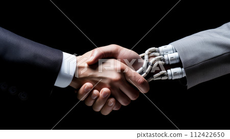 Businessman shaking hands with robot cyborg ai chatbot Businessman shaking hands with robot cyborg ai chatbot 112422650