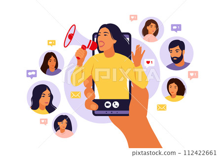 Hands holding smartphone with a girl shouting in loud speaker. Influencer marketing, social media or network promotion. Blogger promotion services and goods for her followers online. Vector. Hands holding smartphone with a girl shouting in loud speaker. Influencer marketing, social media or network promotion. Blogger promotion services and goods for her followers online. Vector. 112422661