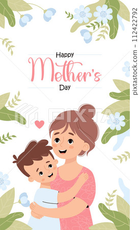 Happy Mother's Day poster. Cute mother tenderly hugs son on white background with blue flowers. Vertical festive floral banner. Vector illustration in flat cartoon style 112422792