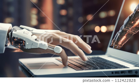 Cyborg robot hand businessman on laptop keyboard 112422828