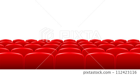Movie theater hall with seat rows for audience and cinema projector. Vector 112423116