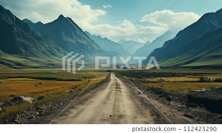 Mountainous Road under Summer Sky with Scenic Landscape and Clouds, Asphalt Highway Leading through Nature's Beauty in a Picturesque Journey 112423290
