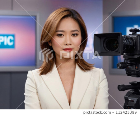 Female TV presenter live. Female TV presenter live. 112423389