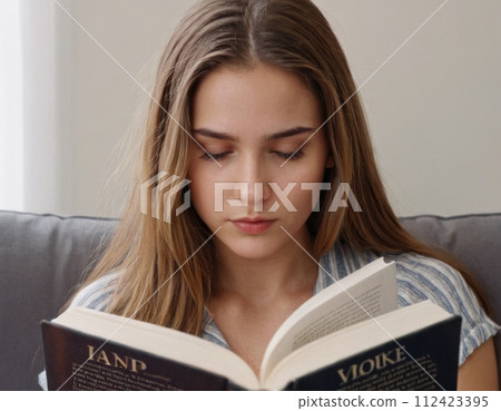 A student girl reads. 112423395