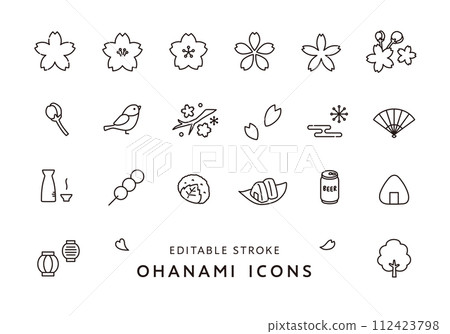 Icon set related to cherry blossoms and cherry blossom viewing (monochrome) Icon set related to cherry blossoms and cherry blossom viewing (monochrome) 112423798
